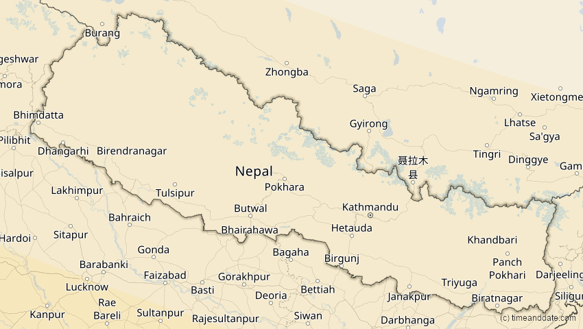 A map of Nepal, showing the path of the 12. Sep 2053 Totale Sonnenfinsternis