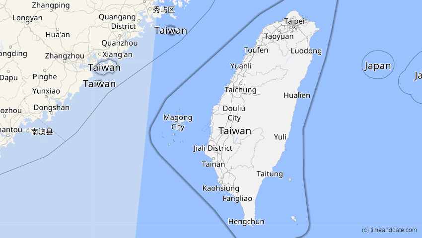 A map of Taiwan, showing the path of the 12. Sep 2053 Totale Sonnenfinsternis