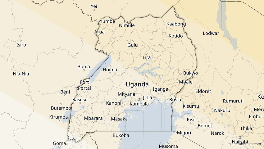 A map of Uganda, showing the path of the 12. Sep 2053 Totale Sonnenfinsternis