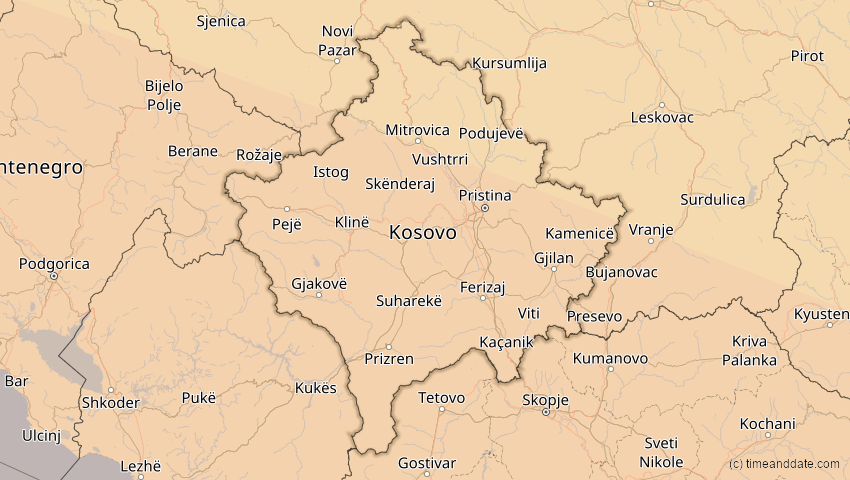 A map of Kosovo, showing the path of the 12. Sep 2053 Totale Sonnenfinsternis