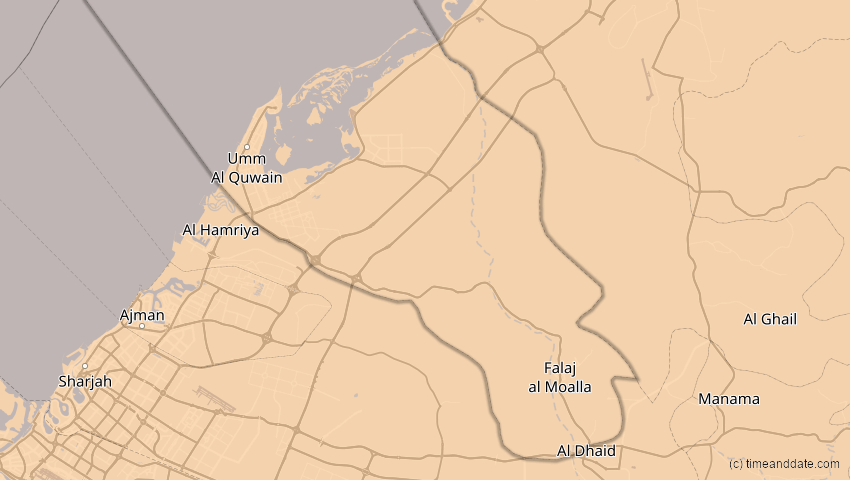 A map of Umm al-Qaiwain, Vereinigte Arabische Emirate, showing the path of the 12. Sep 2053 Totale Sonnenfinsternis
