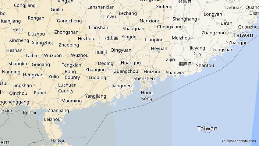 A map of Guangdong, China, showing the path of the 12. Sep 2053 Totale Sonnenfinsternis