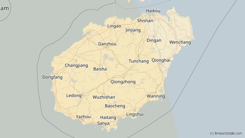 A map of Hainan, China, showing the path of the 12. Sep 2053 Totale Sonnenfinsternis