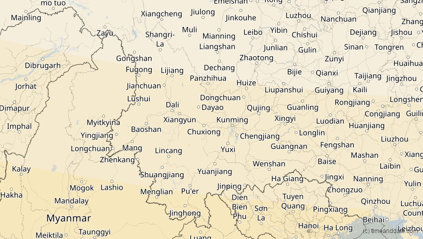 A map of Yunnan, China, showing the path of the 12. Sep 2053 Totale Sonnenfinsternis