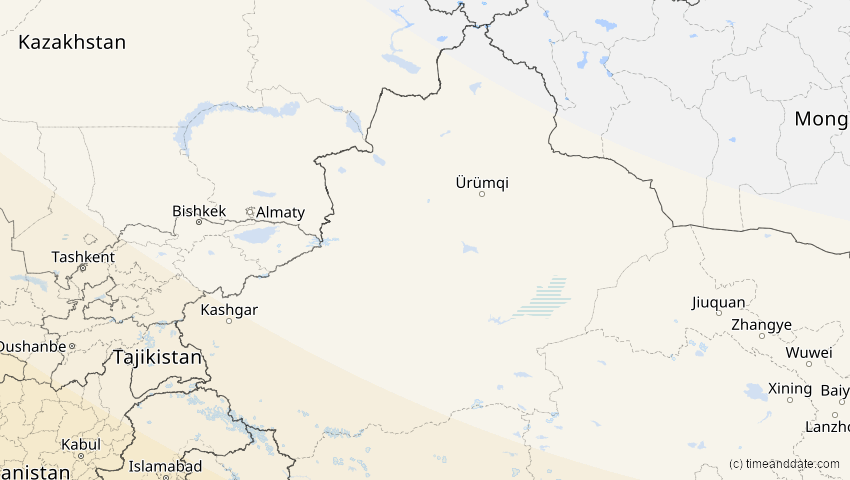 A map of Xinjiang, China, showing the path of the 12. Sep 2053 Totale Sonnenfinsternis