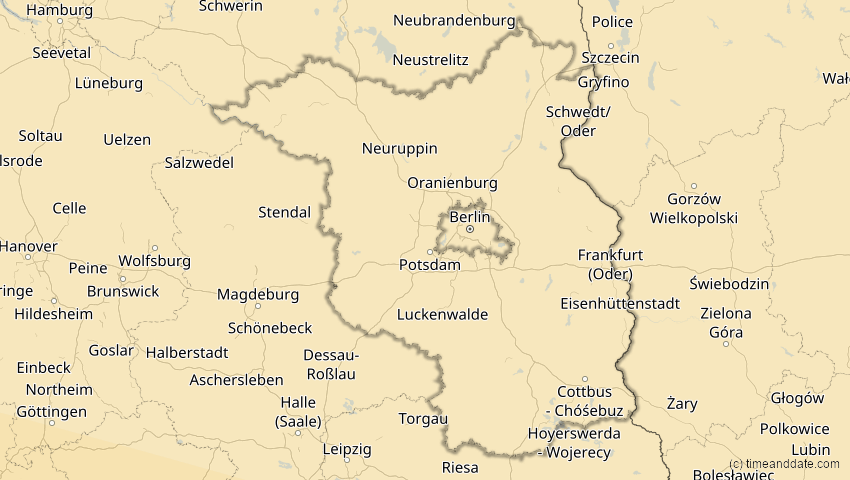 A map of Brandenburg, Deutschland, showing the path of the 12. Sep 2053 Totale Sonnenfinsternis