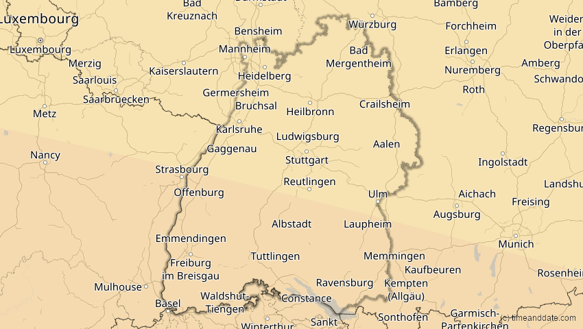 A map of Baden-Württemberg, Deutschland, showing the path of the 12. Sep 2053 Totale Sonnenfinsternis