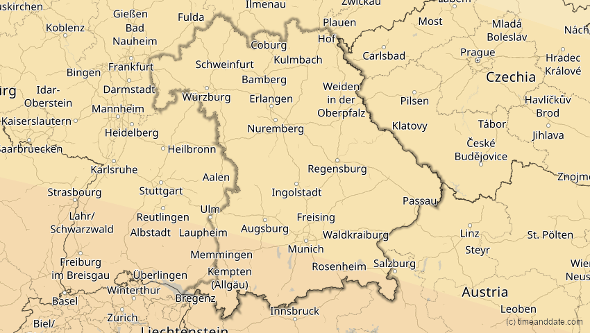 A map of Bayern, Deutschland, showing the path of the 12. Sep 2053 Totale Sonnenfinsternis