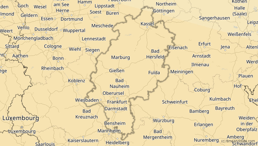 A map of Hessen, Deutschland, showing the path of the 12. Sep 2053 Totale Sonnenfinsternis