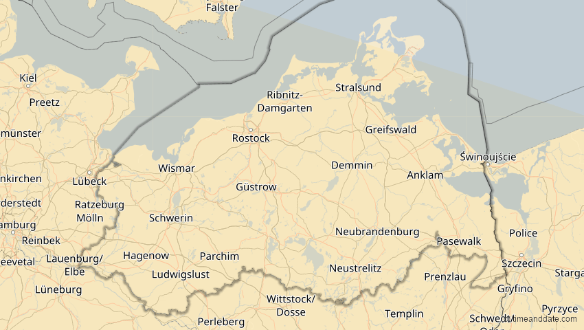 A map of Mecklenburg-Vorpommern, Deutschland, showing the path of the 12. Sep 2053 Totale Sonnenfinsternis