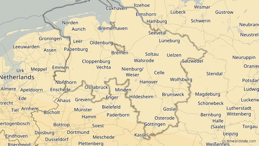 A map of Niedersachsen, Deutschland, showing the path of the 12. Sep 2053 Totale Sonnenfinsternis