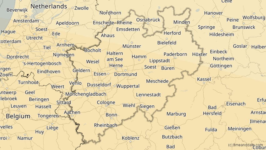 A map of Nordrhein-Westfalen, Deutschland, showing the path of the 12. Sep 2053 Totale Sonnenfinsternis