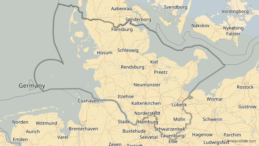 A map of Schleswig-Holstein, Deutschland, showing the path of the 12. Sep 2053 Totale Sonnenfinsternis