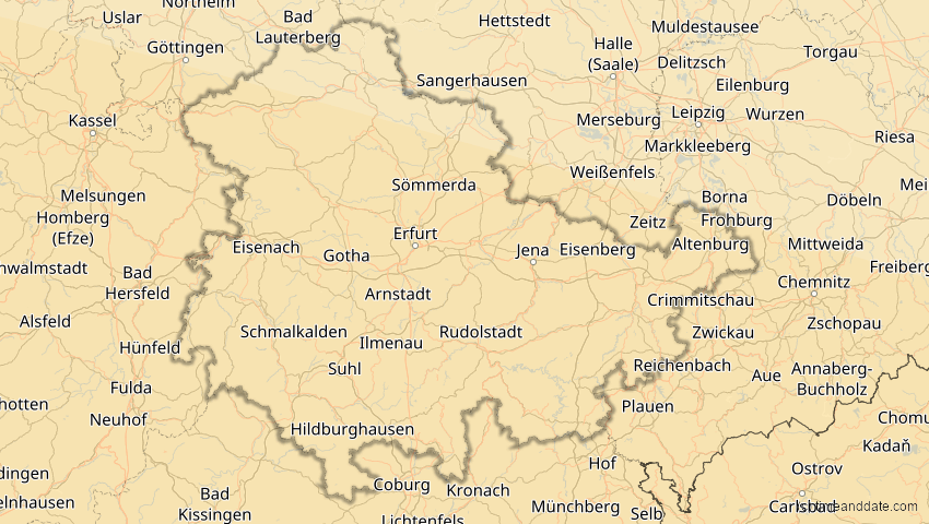 A map of Thüringen, Deutschland, showing the path of the 12. Sep 2053 Totale Sonnenfinsternis