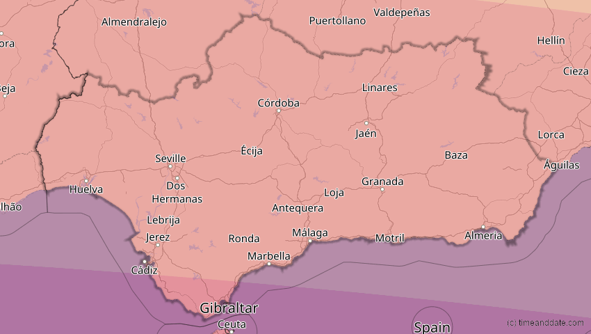 A map of Andalusien, Spanien, showing the path of the 12. Sep 2053 Totale Sonnenfinsternis
