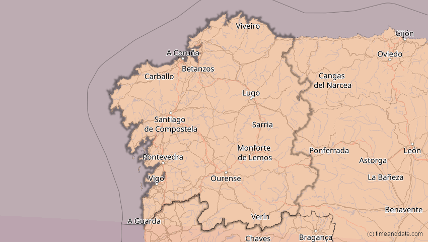 A map of Galicien, Spanien, showing the path of the 12. Sep 2053 Totale Sonnenfinsternis