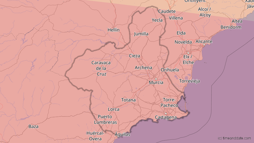 A map of Murcia, Spanien, showing the path of the 12. Sep 2053 Totale Sonnenfinsternis