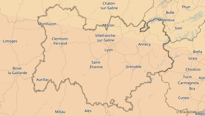 A map of Auvergne-Rhône-Alpes, Frankreich, showing the path of the 12. Sep 2053 Totale Sonnenfinsternis