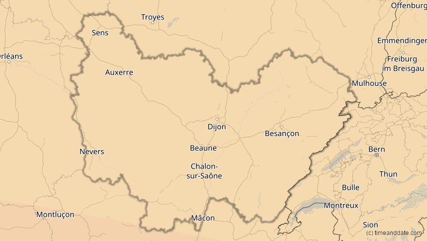 A map of Bourgogne-Franche-Comté, Frankreich, showing the path of the 12. Sep 2053 Totale Sonnenfinsternis