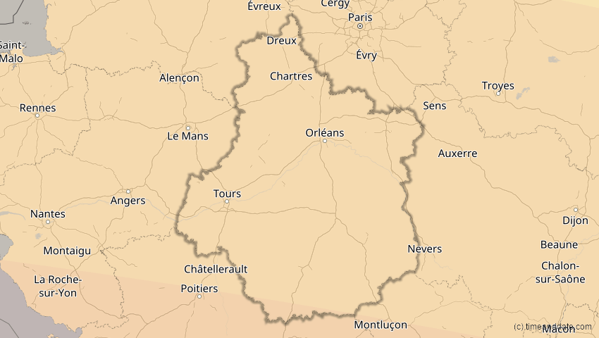 A map of Centre-Val de Loire, Frankreich, showing the path of the 12. Sep 2053 Totale Sonnenfinsternis