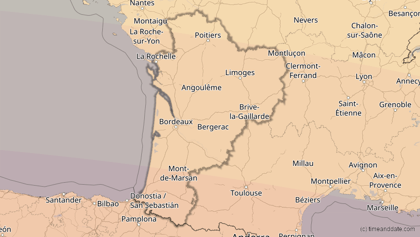 A map of Nouvelle-Aquitaine, Frankreich, showing the path of the 12. Sep 2053 Totale Sonnenfinsternis