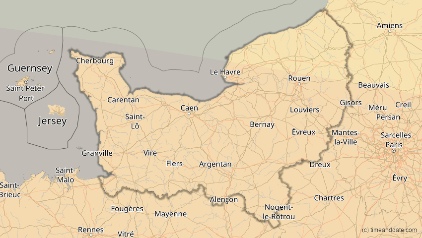 A map of Normandie, Frankreich, showing the path of the 12. Sep 2053 Totale Sonnenfinsternis