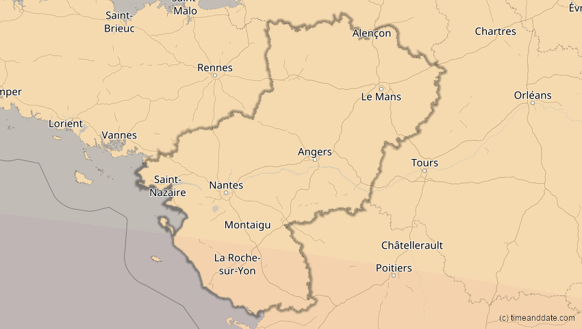 A map of Pays de la Loire, Frankreich, showing the path of the 12. Sep 2053 Totale Sonnenfinsternis