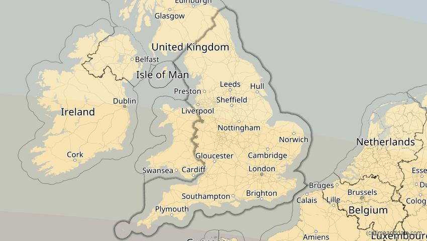 A map of England, Großbritannien, showing the path of the 12. Sep 2053 Totale Sonnenfinsternis