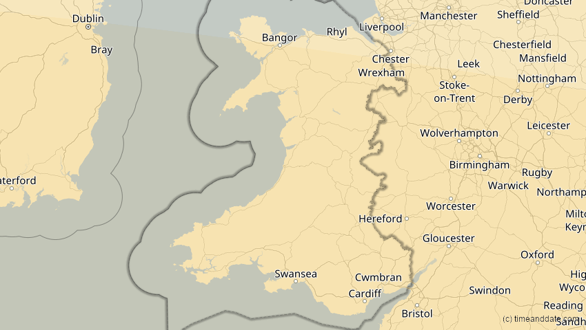 A map of Wales, Großbritannien, showing the path of the 12. Sep 2053 Totale Sonnenfinsternis