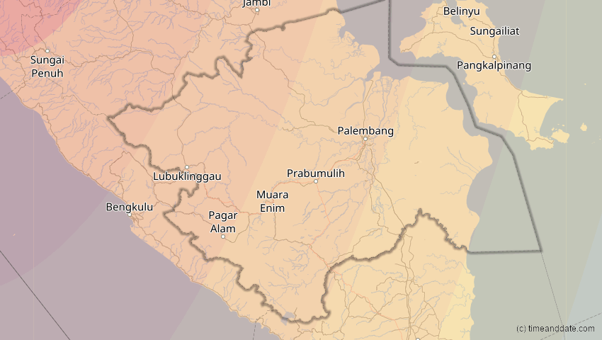 A map of Sumatera Selatan, Indonesien, showing the path of the 12. Sep 2053 Totale Sonnenfinsternis