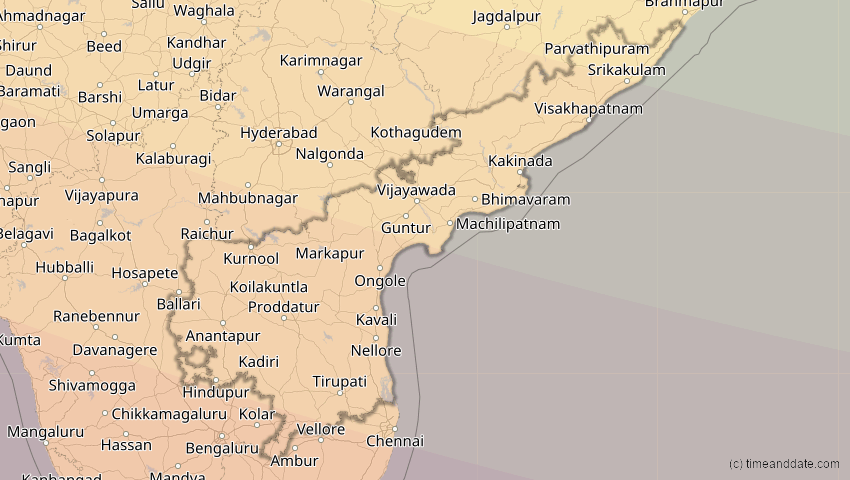 A map of Andhra Pradesh, Indien, showing the path of the 12. Sep 2053 Totale Sonnenfinsternis