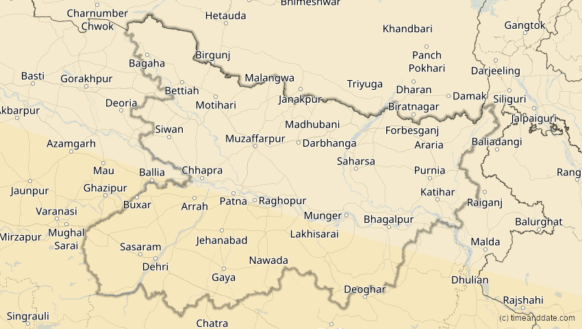 A map of Bihar, Indien, showing the path of the 12. Sep 2053 Totale Sonnenfinsternis