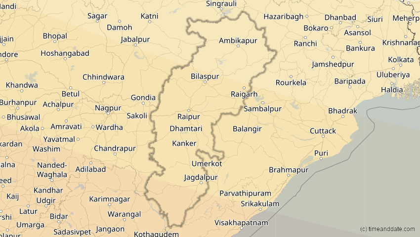 A map of Chhattisgarh, Indien, showing the path of the 12. Sep 2053 Totale Sonnenfinsternis