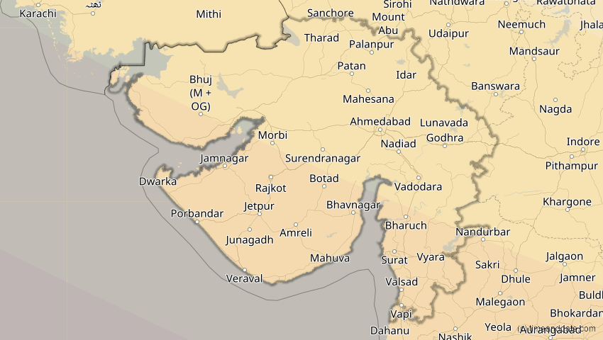 A map of Gujarat, Indien, showing the path of the 12. Sep 2053 Totale Sonnenfinsternis