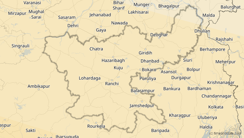 A map of Jharkhand, Indien, showing the path of the 12. Sep 2053 Totale Sonnenfinsternis