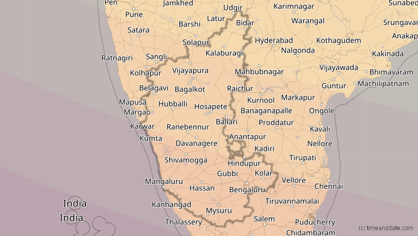 A map of Karnataka, Indien, showing the path of the 12. Sep 2053 Totale Sonnenfinsternis