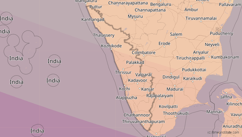 A map of Kerala, Indien, showing the path of the 12. Sep 2053 Totale Sonnenfinsternis