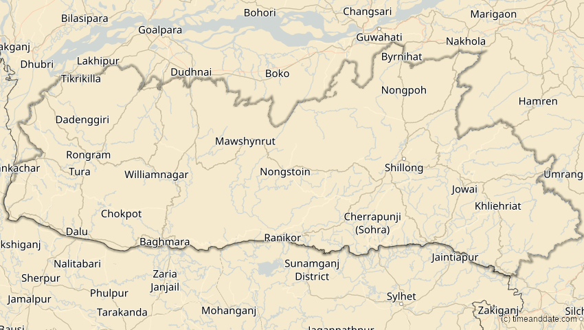 A map of Meghalaya, Indien, showing the path of the 12. Sep 2053 Totale Sonnenfinsternis