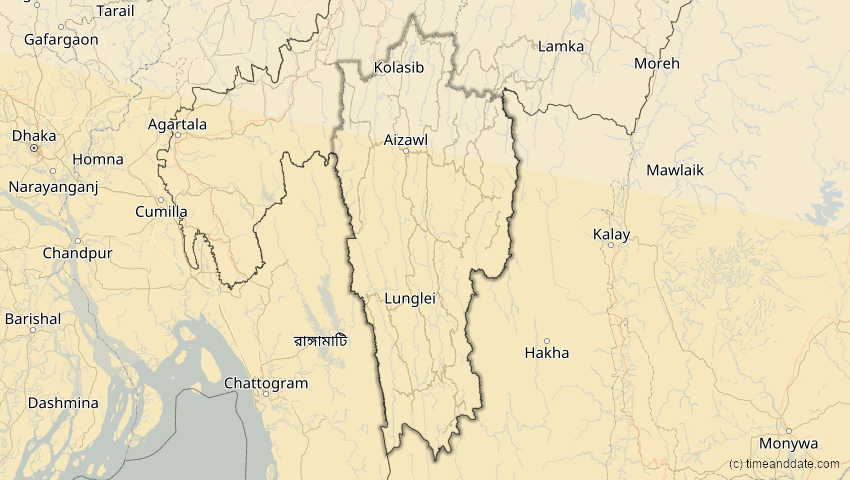 A map of Mizoram, Indien, showing the path of the 12. Sep 2053 Totale Sonnenfinsternis