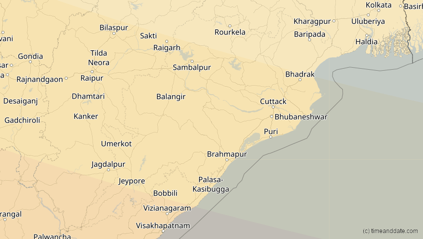 A map of Odisha, Indien, showing the path of the 12. Sep 2053 Totale Sonnenfinsternis