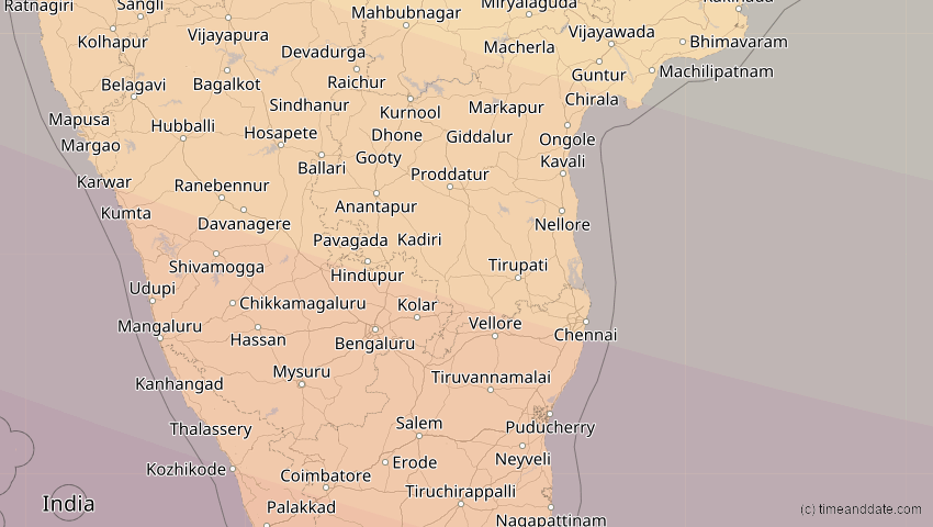 A map of Pondicherry, Indien, showing the path of the 12. Sep 2053 Totale Sonnenfinsternis