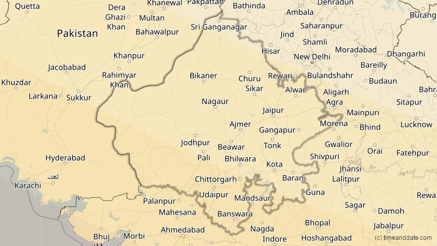 A map of Rajasthan, Indien, showing the path of the 12. Sep 2053 Totale Sonnenfinsternis