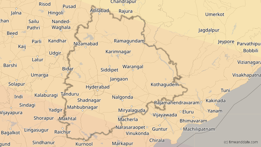 A map of Telangana, Indien, showing the path of the 12. Sep 2053 Totale Sonnenfinsternis