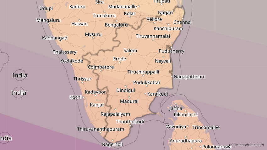 A map of Tamil Nadu, Indien, showing the path of the 12. Sep 2053 Totale Sonnenfinsternis