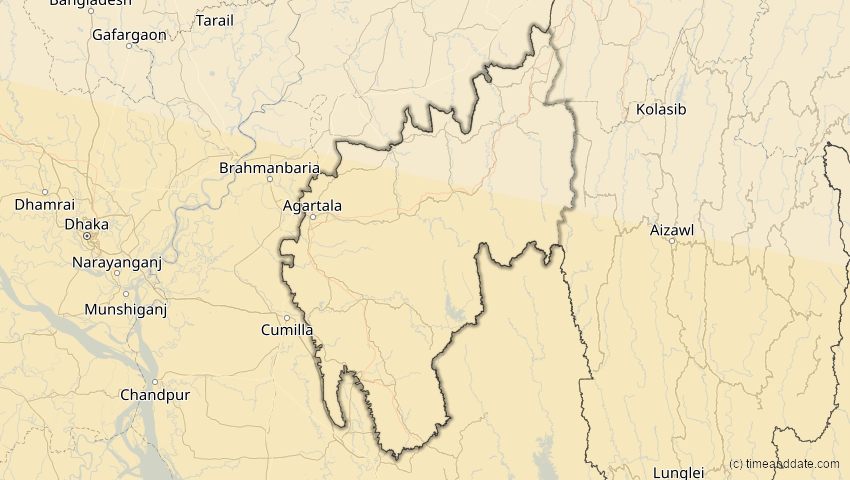 A map of Tripura, Indien, showing the path of the 12. Sep 2053 Totale Sonnenfinsternis