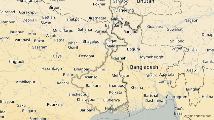 A map of Westbengalen, Indien, showing the path of the 12. Sep 2053 Totale Sonnenfinsternis
