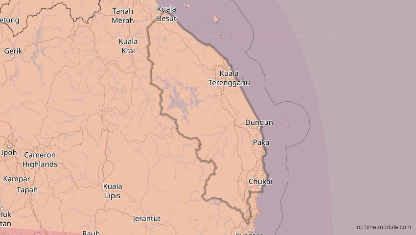 A map of Terengganu, Malaysia, showing the path of the 12. Sep 2053 Totale Sonnenfinsternis