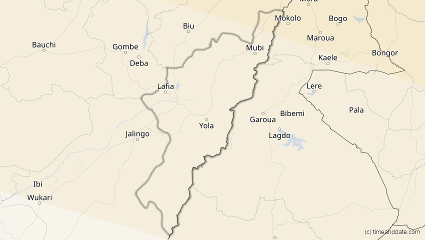 A map of Adamawa, Nigeria, showing the path of the 12. Sep 2053 Totale Sonnenfinsternis
