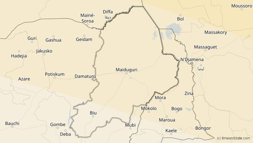 A map of Borno, Nigeria, showing the path of the 12. Sep 2053 Totale Sonnenfinsternis