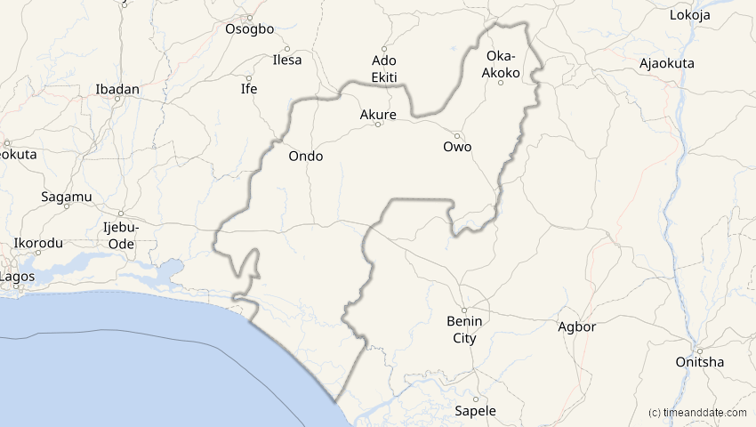 A map of Ondo, Nigeria, showing the path of the 12. Sep 2053 Totale Sonnenfinsternis